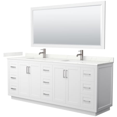 A large image of the Wyndham Collection WCF292984D-QTZ-UNSM70 White / Giotto Quartz Top / Brushed Nickel Hardware