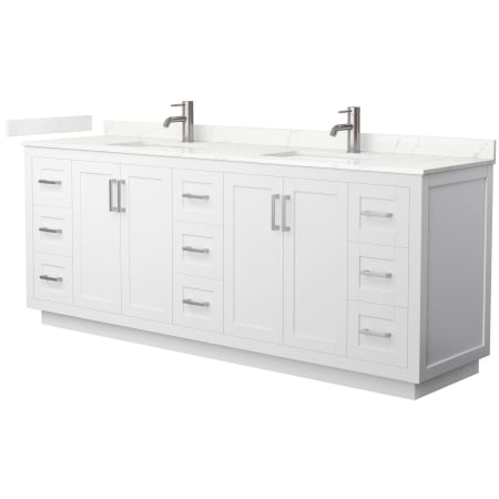 A large image of the Wyndham Collection WCF292984D-QTZ-UNSMXX White / Giotto Quartz Top / Brushed Nickel Hardware
