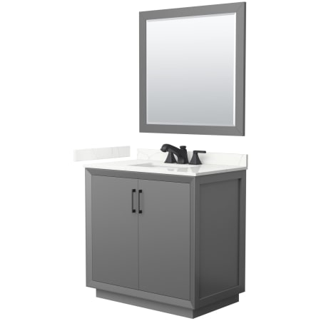 A large image of the Wyndham Collection WCF414136S-QTZ-US3M34 Dark Gray / Giotto Quartz Top / Matte Black Hardware