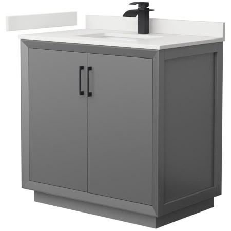 A large image of the Wyndham Collection WCF414136S-QTZ-UNSMXX Dark Gray / White Quartz Top / Matte Black Hardware