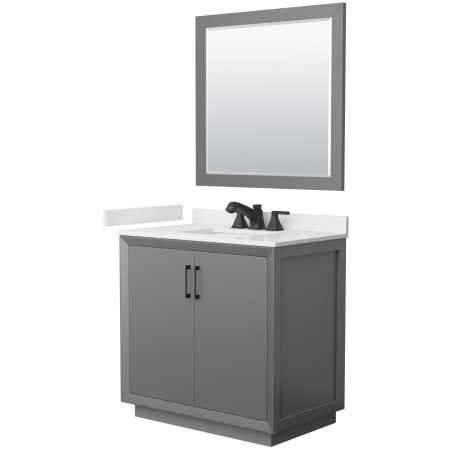 A large image of the Wyndham Collection WCF414136S-QTZ-US3M34 Dark Gray / White Quartz Top / Matte Black Hardware