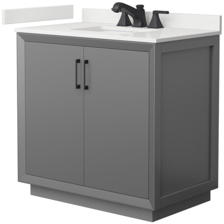 A large image of the Wyndham Collection WCF414136S-QTZ-US3MXX Dark Gray / White Quartz Top / Matte Black Hardware