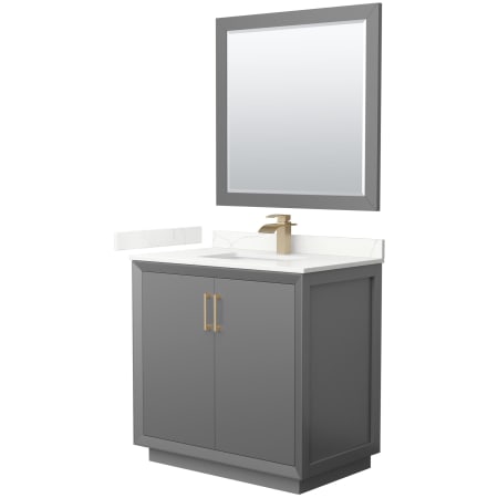 A large image of the Wyndham Collection WCF414136S-QTZ-UNSM34 Dark Gray / Giotto Quartz Top / Satin Bronze Hardware