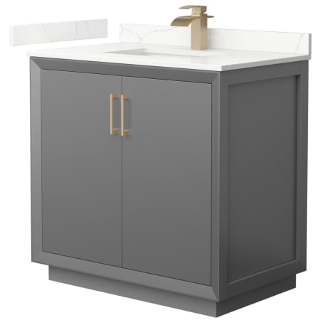 A large image of the Wyndham Collection WCF414136S-QTZ-UNSMXX Dark Gray / Giotto Quartz Top / Satin Bronze Hardware