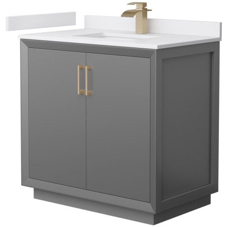 A large image of the Wyndham Collection WCF414136S-VCA-UNSMXX Dark Gray / White Cultured Marble Top / Satin Bronze Hardware