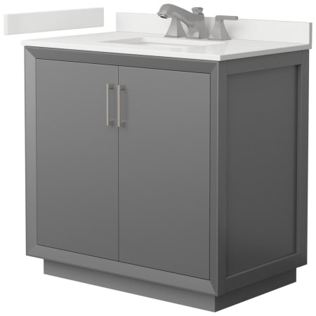 A large image of the Wyndham Collection WCF414136S-QTZ-US3MXX Dark Gray / White Quartz Top / Brushed Nickel Hardware