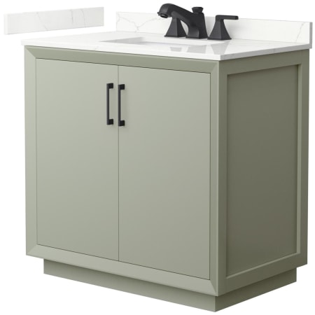 A large image of the Wyndham Collection WCF414136S-QTZ-US3MXX Light Green / Giotto Quartz Top / Matte Black Hardware