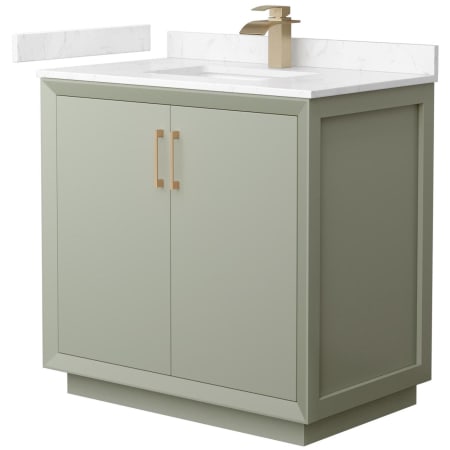 A large image of the Wyndham Collection WCF414136S-VCA-UNSMXX Light Green / Carrara Cultured Marble Top / Satin Bronze Hardware