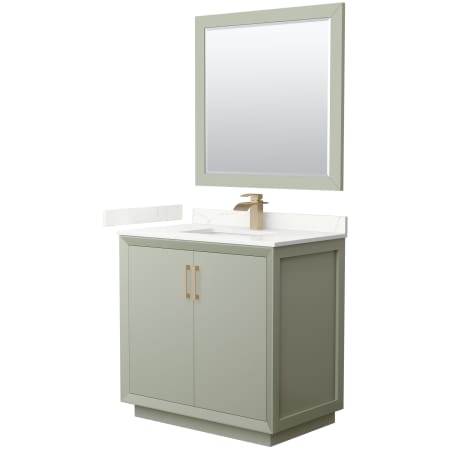 A large image of the Wyndham Collection WCF414136S-QTZ-UNSM34 Light Green / Giotto Quartz Top / Satin Bronze Hardware
