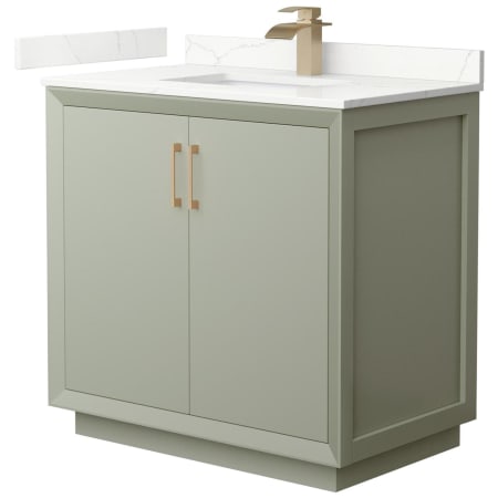 A large image of the Wyndham Collection WCF414136S-QTZ-UNSMXX Light Green / Giotto Quartz Top / Satin Bronze Hardware