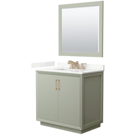 A large image of the Wyndham Collection WCF414136S-QTZ-US3M34 Light Green / Giotto Quartz Top / Satin Bronze Hardware