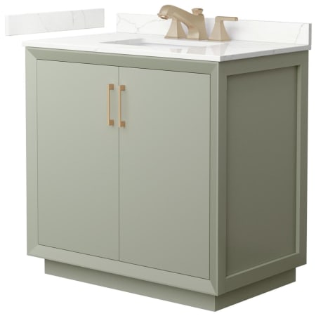 A large image of the Wyndham Collection WCF414136S-QTZ-US3MXX Light Green / Giotto Quartz Top / Satin Bronze Hardware