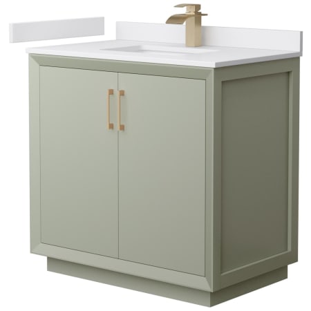 A large image of the Wyndham Collection WCF414136S-VCA-UNSMXX Light Green / White Cultured Marble Top / Satin Bronze Hardware