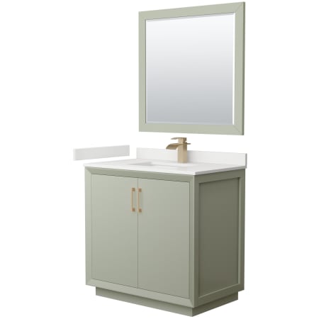 A large image of the Wyndham Collection WCF414136S-QTZ-UNSM34 Light Green / White Quartz Top / Satin Bronze Hardware