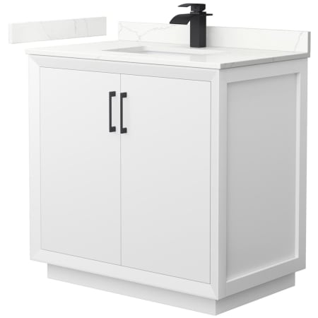 A large image of the Wyndham Collection WCF414136S-QTZ-UNSMXX White / Giotto Quartz Top / Matte Black Hardware