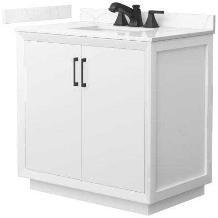 A large image of the Wyndham Collection WCF414136S-QTZ-US3MXX White / Giotto Quartz Top / Matte Black Hardware