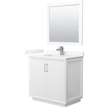 A large image of the Wyndham Collection WCF414136S-QTZ-UNSM34 White / Giotto Quartz Top / Brushed Nickel Hardware