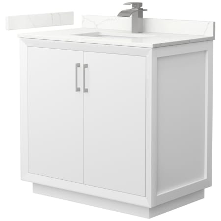 A large image of the Wyndham Collection WCF414136S-QTZ-UNSMXX White / Giotto Quartz Top / Brushed Nickel Hardware