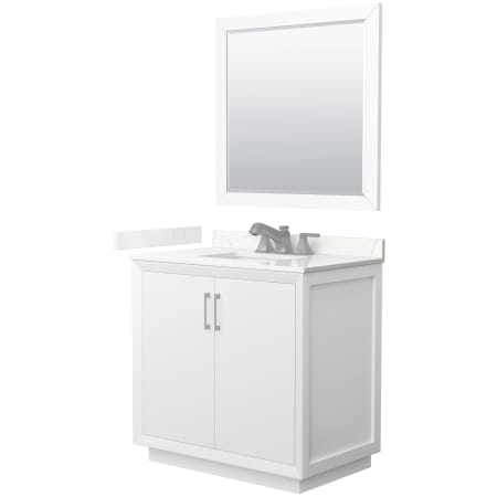 A large image of the Wyndham Collection WCF414136S-QTZ-US3M34 White / Giotto Quartz Top / Brushed Nickel Hardware