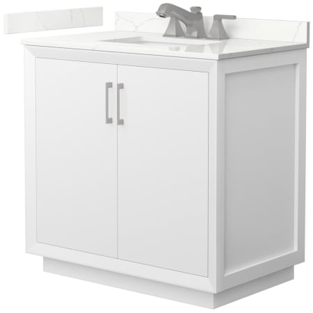 A large image of the Wyndham Collection WCF414136S-QTZ-US3MXX White / Giotto Quartz Top / Brushed Nickel Hardware