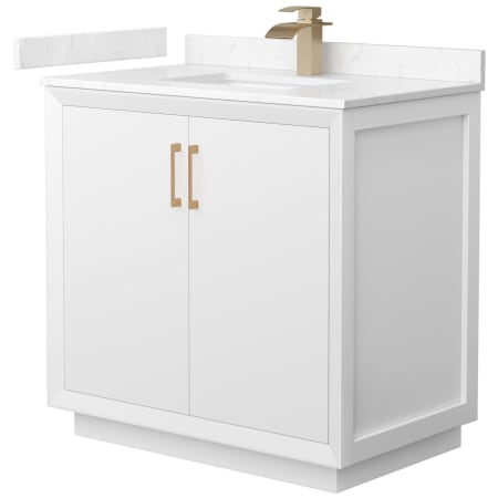 A large image of the Wyndham Collection WCF414136S-VCA-UNSMXX White / Carrara Cultured Marble Top / Satin Bronze Hardware