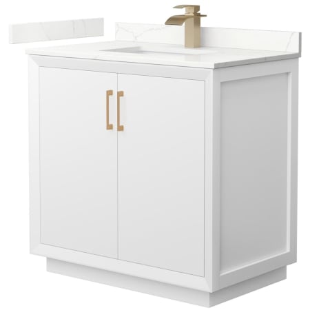 A large image of the Wyndham Collection WCF414136S-QTZ-UNSMXX White / Giotto Quartz Top / Satin Bronze Hardware