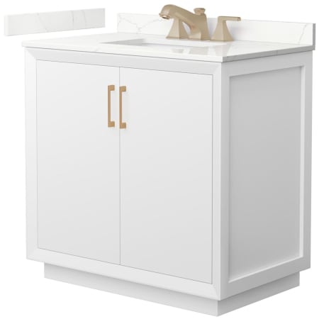 A large image of the Wyndham Collection WCF414136S-QTZ-US3MXX White / Giotto Quartz Top / Satin Bronze Hardware