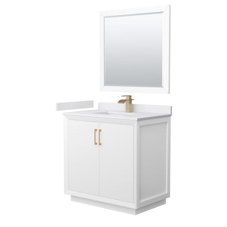 A large image of the Wyndham Collection WCF414136S-VCA-UNSM34 White / White Cultured Marble Top / Satin Bronze Hardware