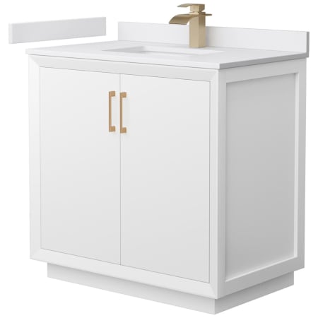 A large image of the Wyndham Collection WCF414136S-VCA-UNSMXX White / White Cultured Marble Top / Satin Bronze Hardware