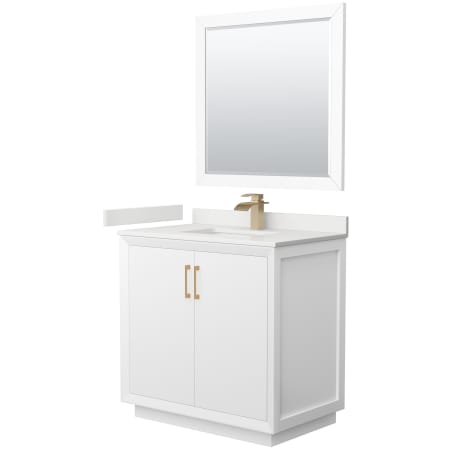 A large image of the Wyndham Collection WCF414136S-QTZ-UNSM34 White / White Quartz Top / Satin Bronze Hardware