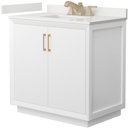 A large image of the Wyndham Collection WCF414136S-QTZ-US3MXX White / White Quartz Top / Satin Bronze Hardware