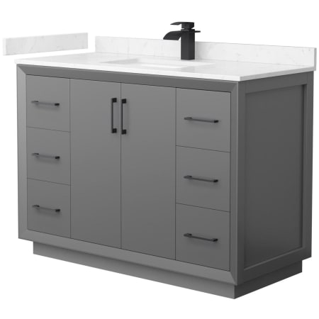 A large image of the Wyndham Collection WCF414148S-VCA-UNSMXX Dark Gray / Carrara Cultured Marble Top / Matte Black Hardware