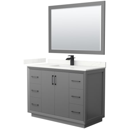 A large image of the Wyndham Collection WCF414148S-QTZ-UNSM46 Dark Gray / Giotto Quartz Top / Matte Black Hardware