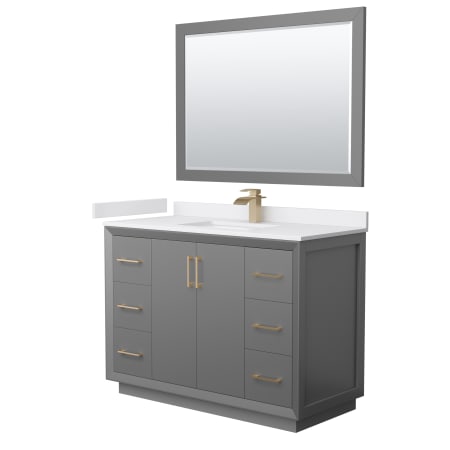 A large image of the Wyndham Collection WCF414148S-VCA-UNSM46 Dark Gray / White Cultured Marble Top / Satin Bronze Hardware