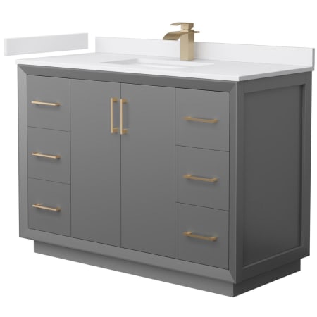 A large image of the Wyndham Collection WCF414148S-VCA-UNSMXX Dark Gray / White Cultured Marble Top / Satin Bronze Hardware