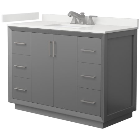 A large image of the Wyndham Collection WCF414148S-QTZ-US3MXX Dark Gray / White Quartz Top / Brushed Nickel Hardware