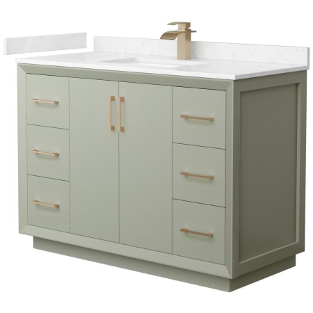 A large image of the Wyndham Collection WCF414148S-VCA-UNSMXX Light Green / Carrara Cultured Marble Top / Satin Bronze Hardware