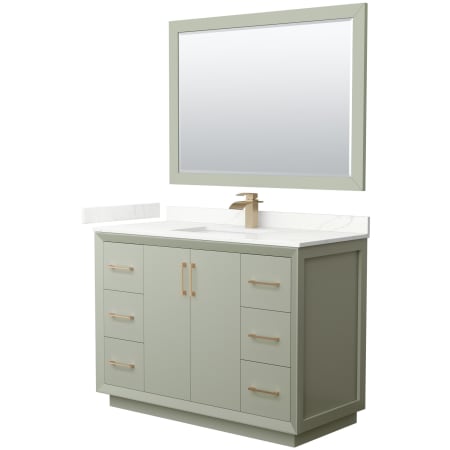 A large image of the Wyndham Collection WCF414148S-QTZ-UNSM46 Light Green / Giotto Quartz Top / Satin Bronze Hardware