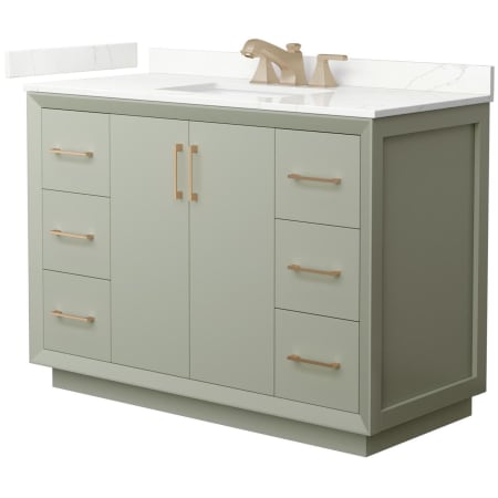 A large image of the Wyndham Collection WCF414148S-QTZ-US3MXX Light Green / Giotto Quartz Top / Satin Bronze Hardware