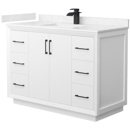 A large image of the Wyndham Collection WCF414148S-VCA-UNSMXX White / Carrara Cultured Marble Top / Matte Black Hardware