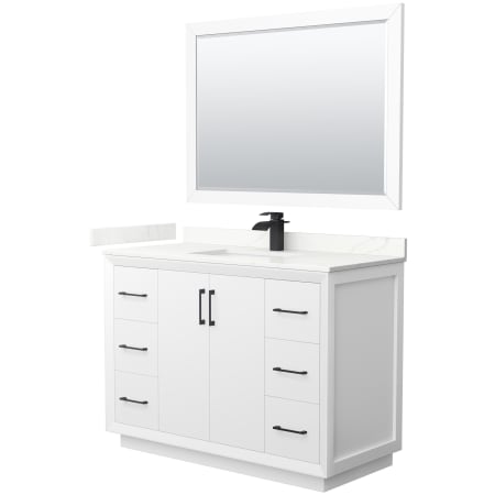 A large image of the Wyndham Collection WCF414148S-QTZ-UNSM46 White / Giotto Quartz Top / Matte Black Hardware