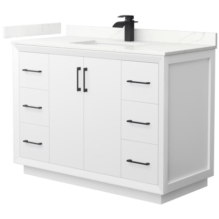 A large image of the Wyndham Collection WCF414148S-QTZ-UNSMXX White / Giotto Quartz Top / Matte Black Hardware