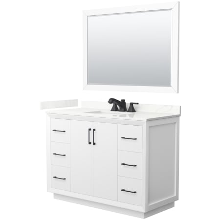 A large image of the Wyndham Collection WCF414148S-QTZ-US3M46 White / Giotto Quartz Top / Matte Black Hardware