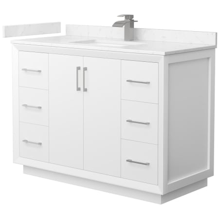 A large image of the Wyndham Collection WCF414148S-VCA-UNSMXX White / Carrara Cultured Marble Top / Brushed Nickel Hardware