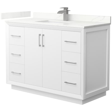 A large image of the Wyndham Collection WCF414148S-QTZ-UNSMXX White / Giotto Quartz Top / Brushed Nickel Hardware