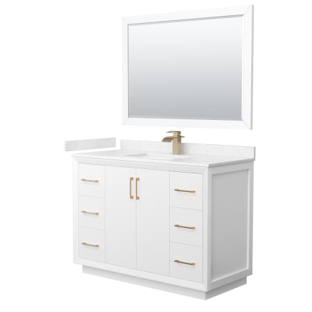 A large image of the Wyndham Collection WCF414148S-VCA-UNSM46 White / Carrara Cultured Marble Top / Satin Bronze Hardware