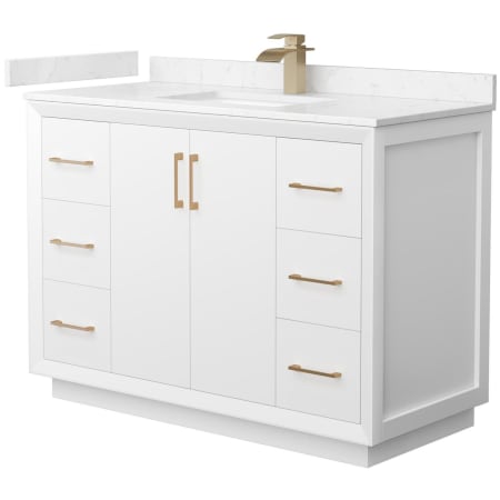 A large image of the Wyndham Collection WCF414148S-VCA-UNSMXX White / Carrara Cultured Marble Top / Satin Bronze Hardware