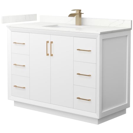 A large image of the Wyndham Collection WCF414148S-QTZ-UNSMXX White / Giotto Quartz Top / Satin Bronze Hardware