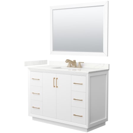 A large image of the Wyndham Collection WCF414148S-QTZ-US3M46 White / Giotto Quartz Top / Satin Bronze Hardware