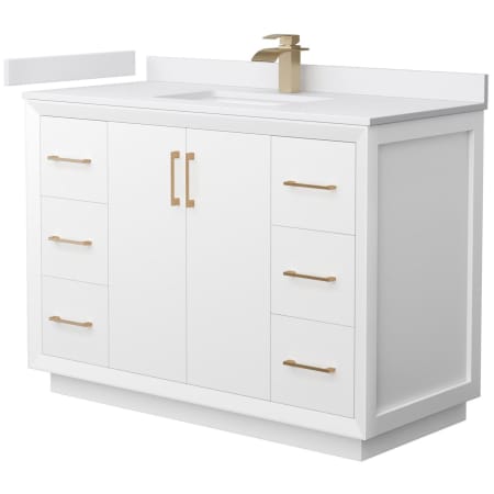 A large image of the Wyndham Collection WCF414148S-VCA-UNSMXX White / White Cultured Marble Top / Satin Bronze Hardware